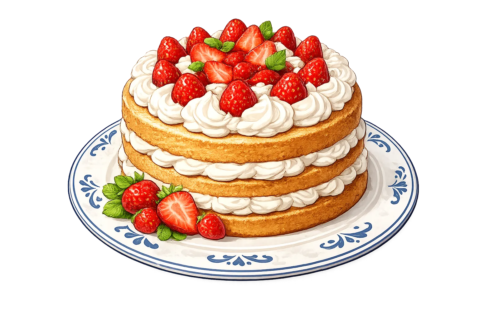 A three-layer cream cake topped with strawberries, on a blue and white plate